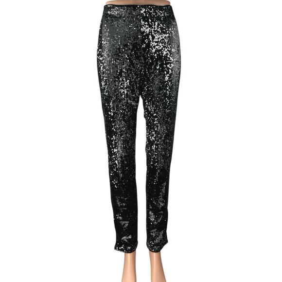 Honey Punch Black Sequin Sparkle High Waisted Skinny Leg Trousers Pants Size M - Picture 1 of 6